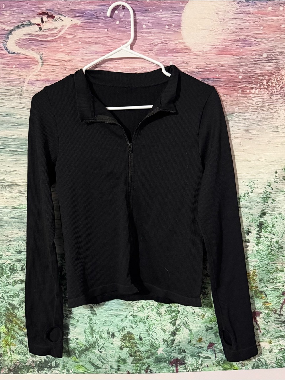 Women's Black Ribbed Zip-Front Long Sleeve Top